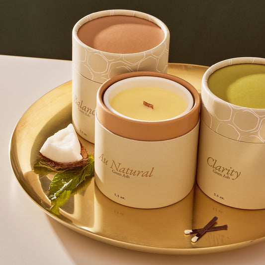 Lifestyle Photography of 5.5oz Au Natural, Clarity and Balance Green Ash Candles